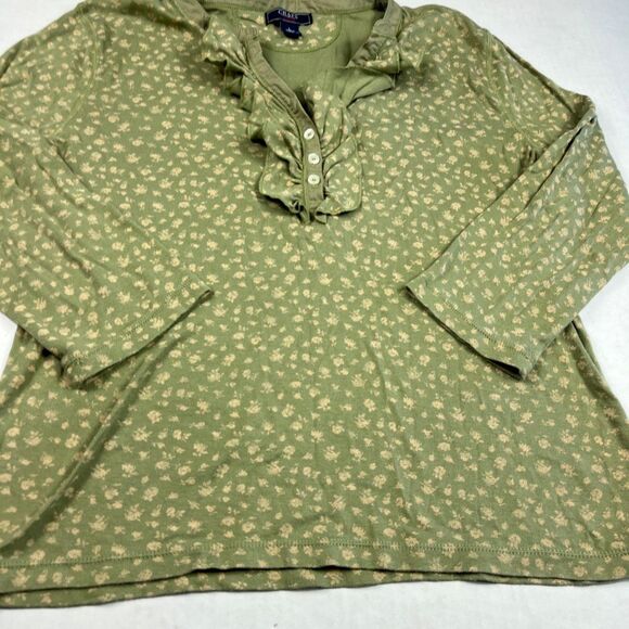 Chaps Henley Ruffle Shirt Green Floral Boho Cottagecore Casual Preppy Top L FLAW - Picture 2 of 9